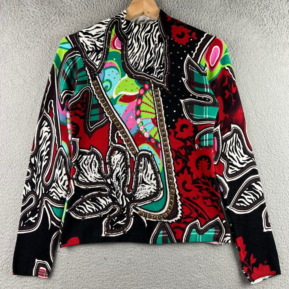 Alberto Makali Womens Small Embellished Mixed Print Mock Neck Sweater Zebra